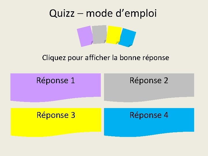 Quizz – mode d’emploi Cliquez pour afficher la bonne réponse Réponse 1 Réponse 2