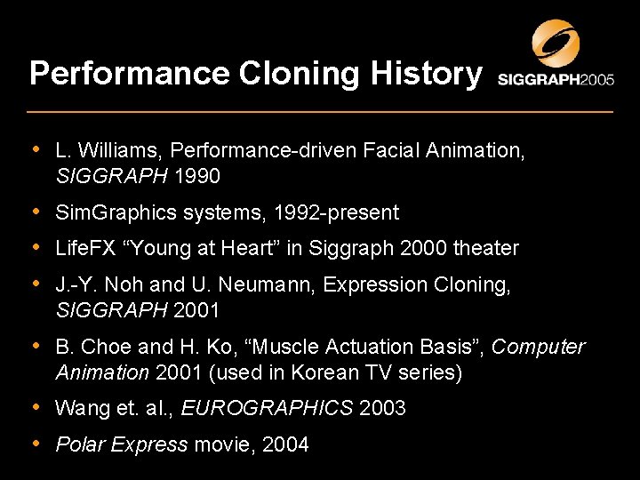 Performance Cloning History • L. Williams, Performance-driven Facial Animation, SIGGRAPH 1990 • Sim. Graphics