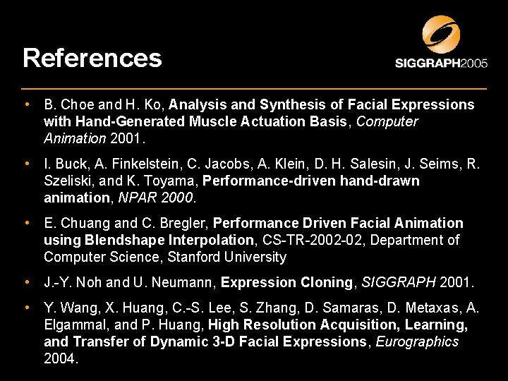 References • B. Choe and H. Ko, Analysis and Synthesis of Facial Expressions with