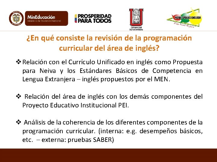 ¿En qué consiste la revisión de la programación curricular del área de inglés? v.