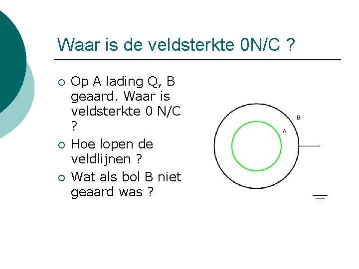 Waar is de veldsterkte 0 N/C ? ¡ ¡ ¡ Op A lading Q,
