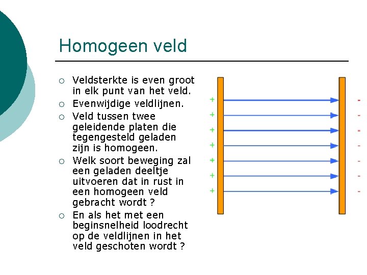 Homogeen veld ¡ ¡ ¡ Veldsterkte is even groot in elk punt van het