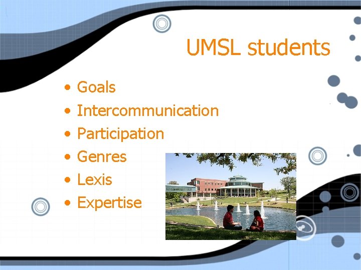 UMSL students • • • Goals Intercommunication Participation Genres Lexis Expertise 