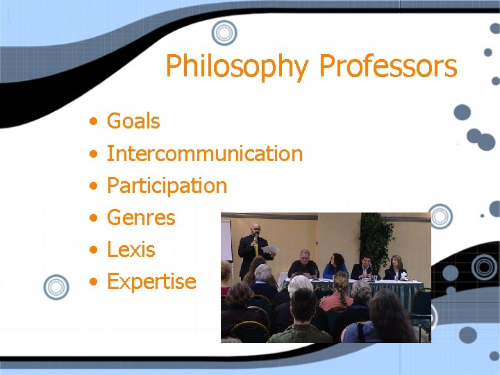 Philosophy Professors • • • Goals Intercommunication Participation Genres Lexis Expertise 