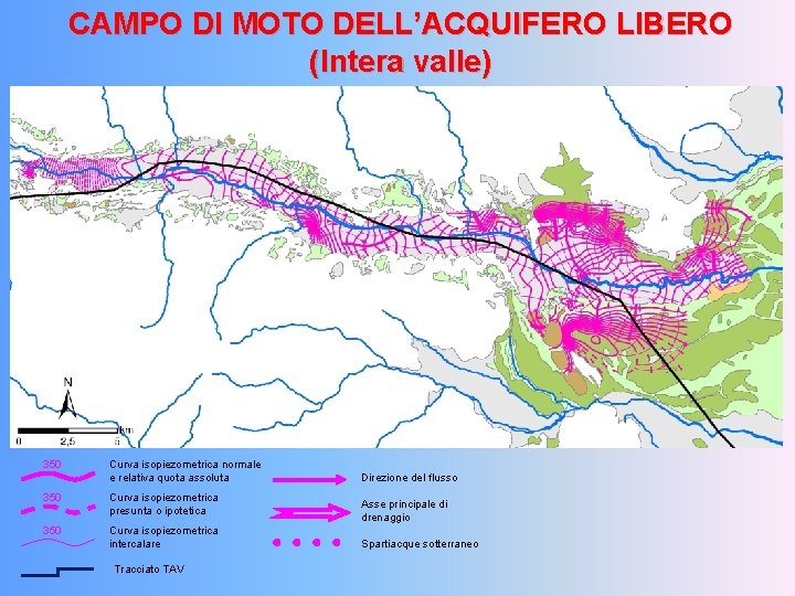 CAMPO DI MOTO DELL’ACQUIFERO LIBERO (Intera valle) 350 Curva isopiezometrica normale e relativa quota