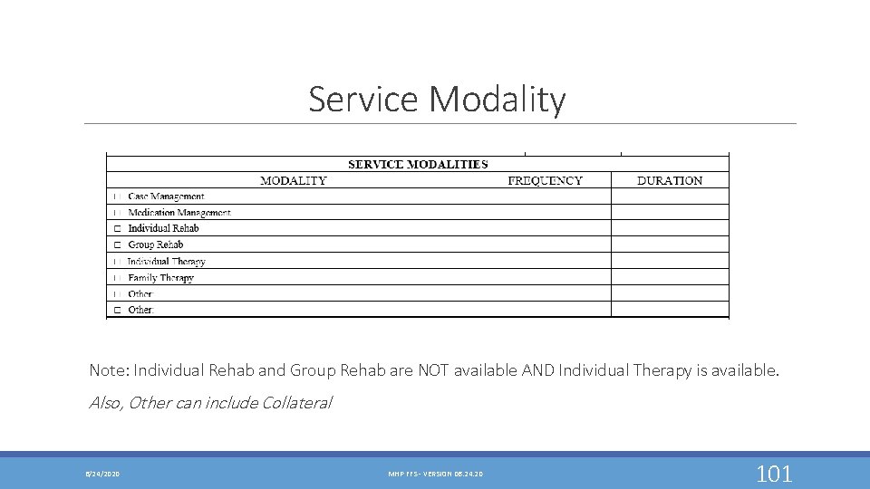 Service Modality Note: Individual Rehab and Group Rehab are NOT available AND Individual Therapy