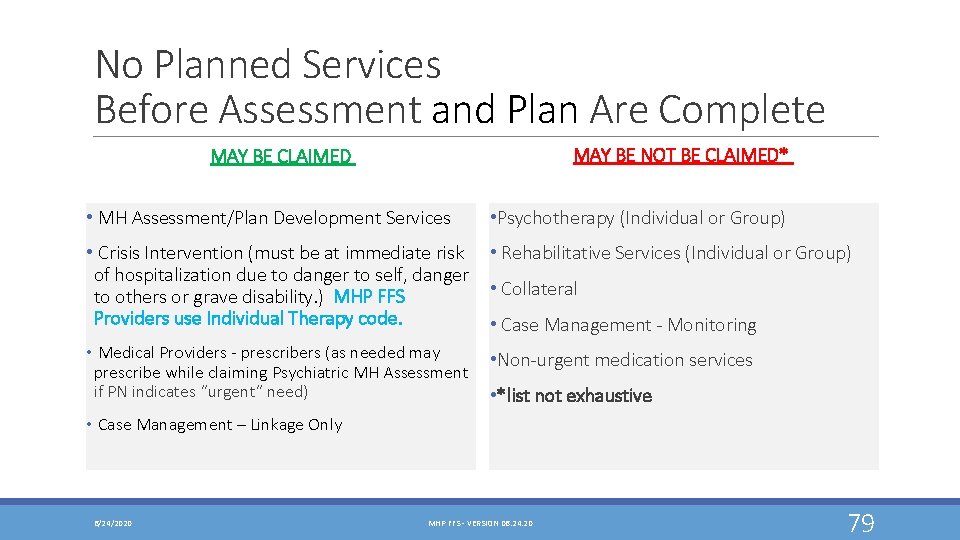 No Planned Services Before Assessment and Plan Are Complete MAY BE NOT BE CLAIMED*