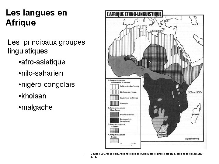 Les langues en Afrique Les principaux groupes linguistiques • afro-asiatique • nilo-saharien • nigéro-congolais
