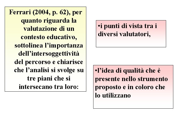 Ferrari (2004, p. 62), per quanto riguarda la valutazione di un contesto educativo, sottolinea