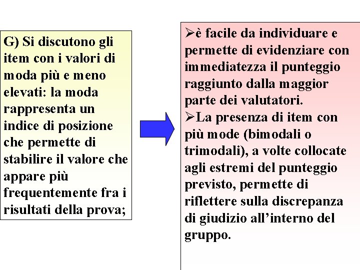 G) Si discutono gli item con i valori di moda più e meno elevati: