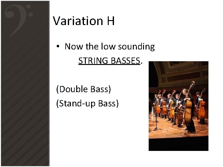Variation H • Now the low sounding STRING BASSES. (Double Bass) (Stand-up Bass) 