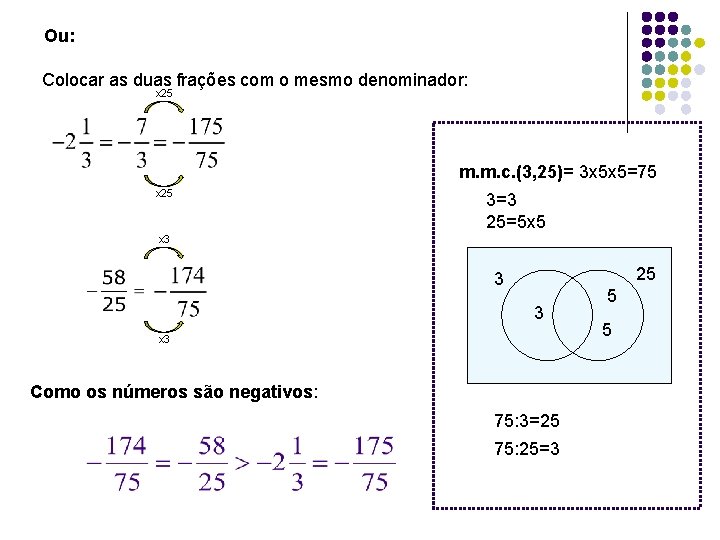 Ou: Colocar as duas frações com o mesmo denominador: x 25 m. m. c.