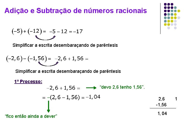 Adição e Subtração de números racionais Simplificar a escrita desembaraçando de parêntesis 1º Processo: