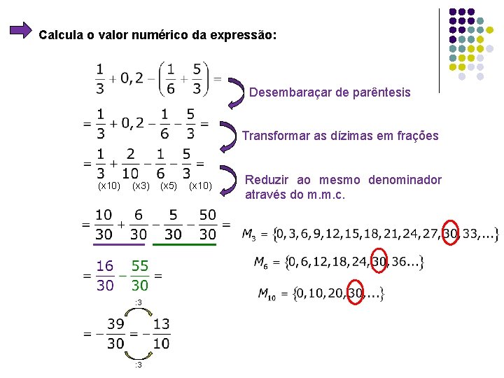 Calcula o valor numérico da expressão: Desembaraçar de parêntesis Transformar as dízimas em frações