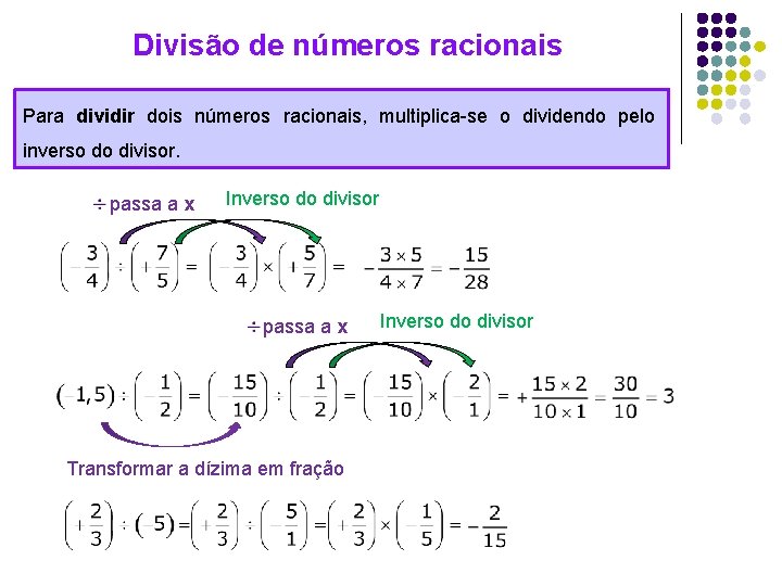 Divisão de números racionais Para dividir dois números racionais, multiplica-se o dividendo pelo inverso