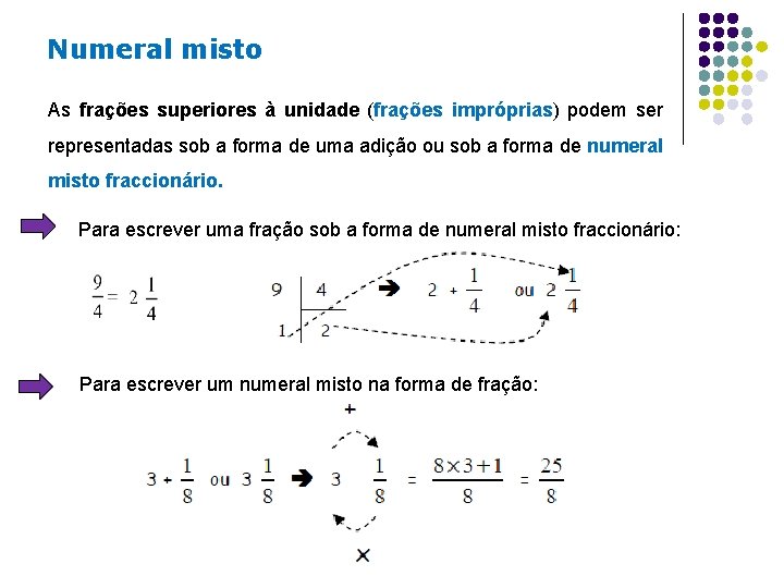 Numeral misto As frações superiores à unidade (frações impróprias) podem ser representadas sob a