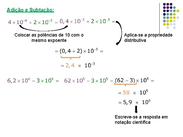 Adição e Subtação: Colocar as potências de 10 com o mesmo expoente Aplica-se a