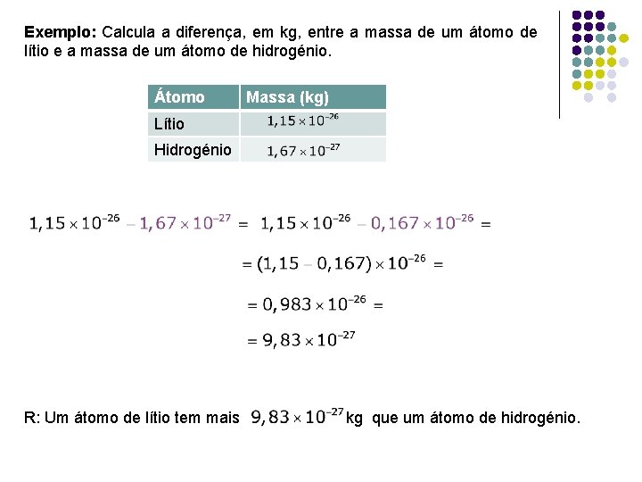 Exemplo: Calcula a diferença, em kg, entre a massa de um átomo de lítio