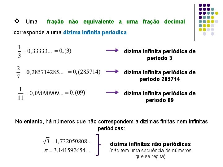 v Uma fração não equivalente a uma fração decimal corresponde a uma dízima infinita