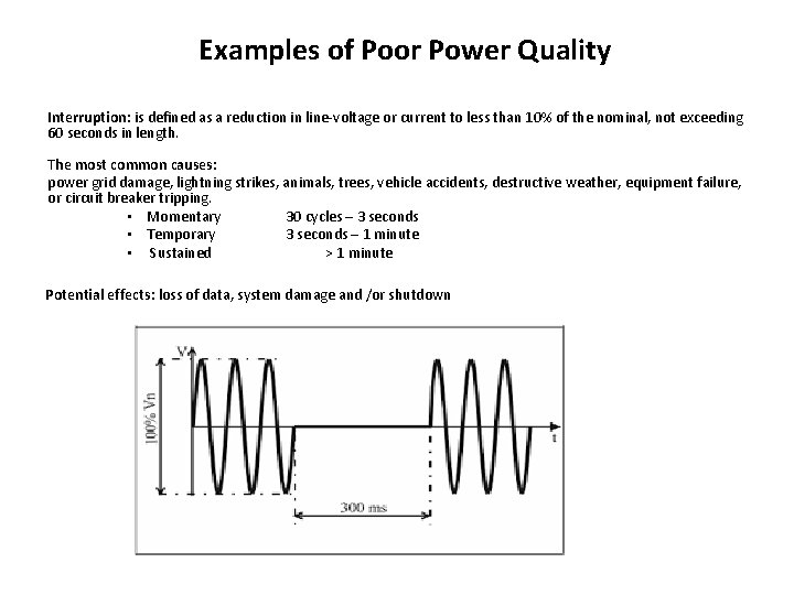 Examples of Poor Power Quality Interruption: is defined as a reduction in line-voltage or