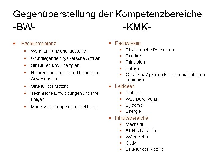 Gegenüberstellung der Kompetenzbereiche -BW-KMK§ Fachkompetenz § Wahrnehmung und Messung § Grundlegende physikalische Größen §