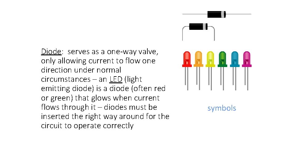 Diode: serves as a one-way valve, only allowing current to flow one direction under