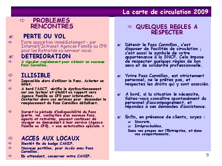 La carte de circulation 2009 ð ? ð ð ð ð ð PROBLEMES RENCONTRES