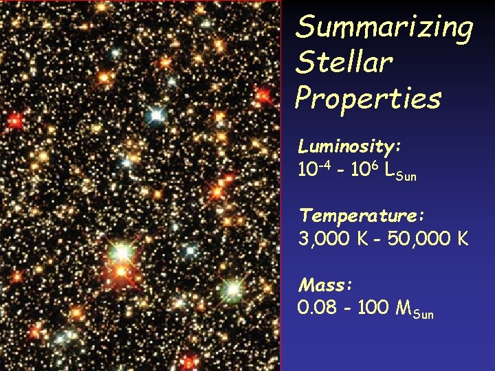 Summarizing Stellar Properties Luminosity: 10 -4 - 106 LSun Temperature: 3, 000 K - Summarizing Stellar Properties Luminosity: 10 -4 - 106 LSun Temperature: 3, 000 K -