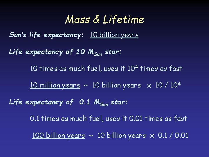 Mass & Lifetime Sun’s life expectancy: 10 billion years Life expectancy of 10 MSun Mass & Lifetime Sun’s life expectancy: 10 billion years Life expectancy of 10 MSun