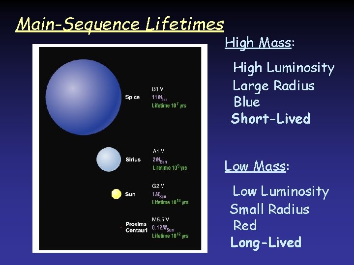 Main-Sequence Lifetimes High Mass: High Luminosity Large Radius Blue Short-Lived Low Mass: Low Luminosity Main-Sequence Lifetimes High Mass: High Luminosity Large Radius Blue Short-Lived Low Mass: Low Luminosity
