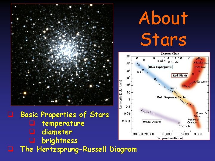 About Stars q Basic Properties of Stars q temperature q diameter q brightness q About Stars q Basic Properties of Stars q temperature q diameter q brightness q