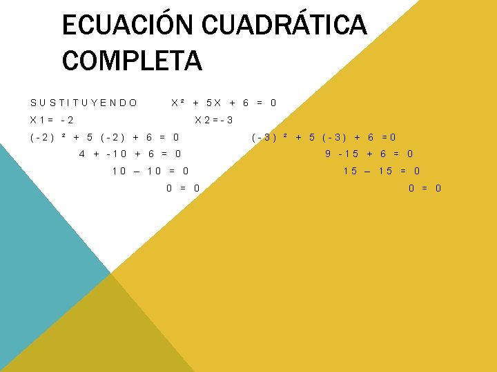 ECUACIÓN CUADRÁTICA COMPLETA SUSTITUYENDO X² + 5 X + 6 = 0 X 1= ECUACIÓN CUADRÁTICA COMPLETA SUSTITUYENDO X² + 5 X + 6 = 0 X 1=