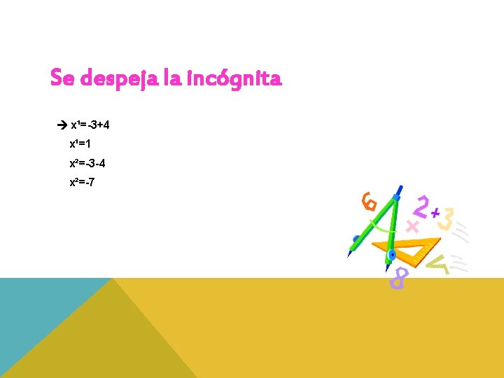 Se despeja la incógnita x¹=-3+4 x¹=1 x²=-3 -4 x²=-7 Se despeja la incógnita x¹=-3+4 x¹=1 x²=-3 -4 x²=-7