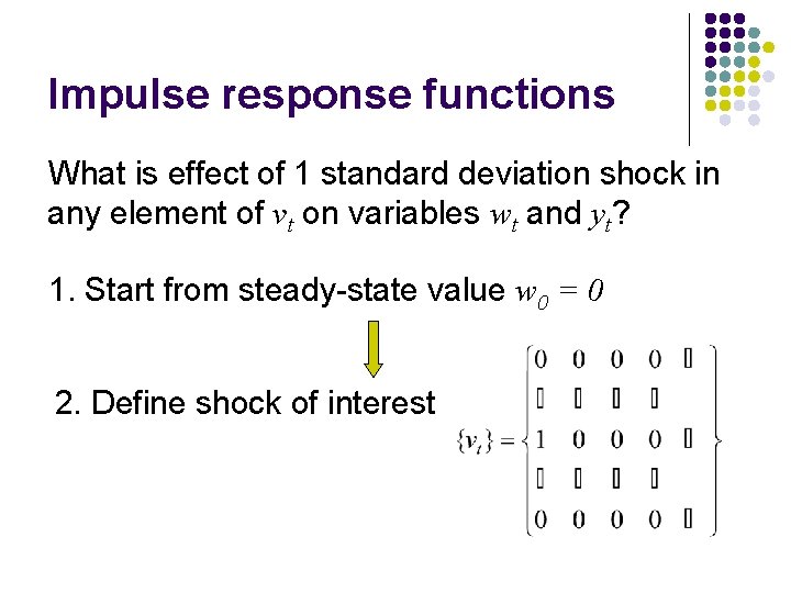 Impulse response functions What is effect of 1 standard deviation shock in any element