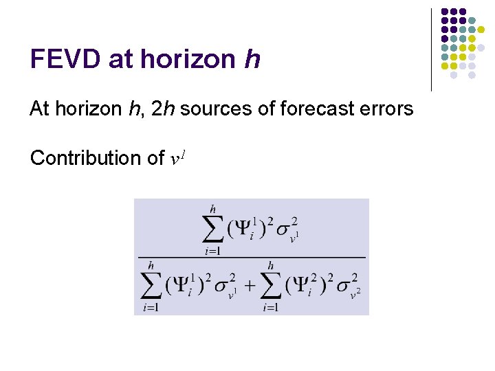 FEVD at horizon h At horizon h, 2 h sources of forecast errors Contribution