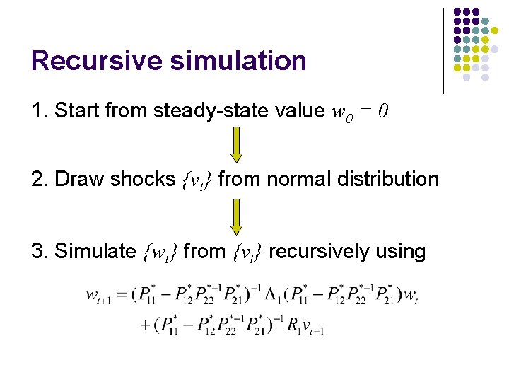 Recursive simulation 1. Start from steady-state value w 0 = 0 2. Draw shocks