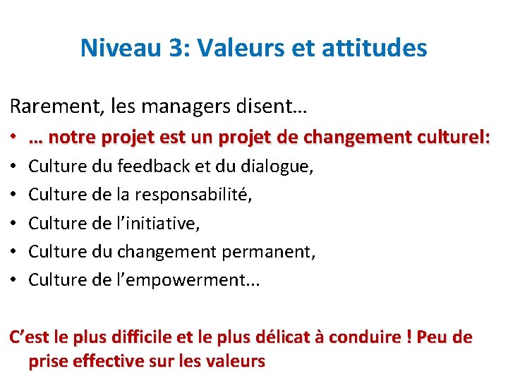 Niveau 3: Valeurs et attitudes Rarement, les managers disent… • … notre projet est