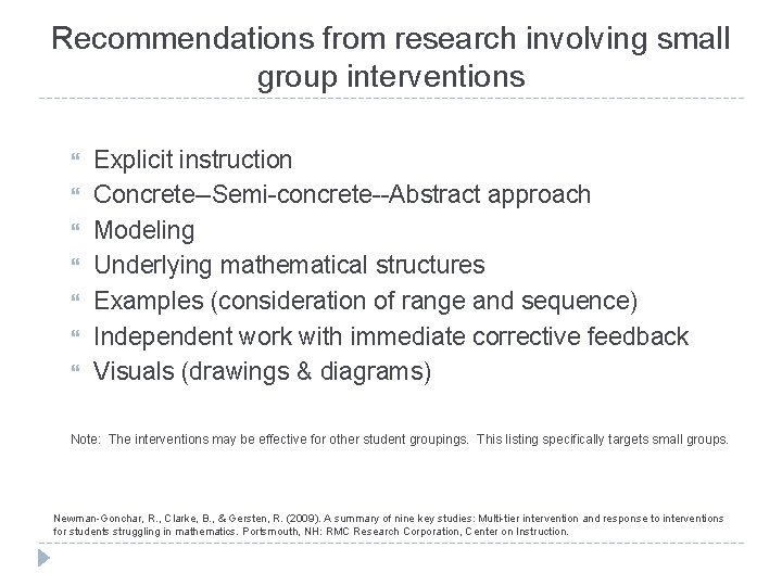 Recommendations from research involving small group interventions Explicit instruction Concrete--Semi-concrete--Abstract approach Modeling Underlying mathematical