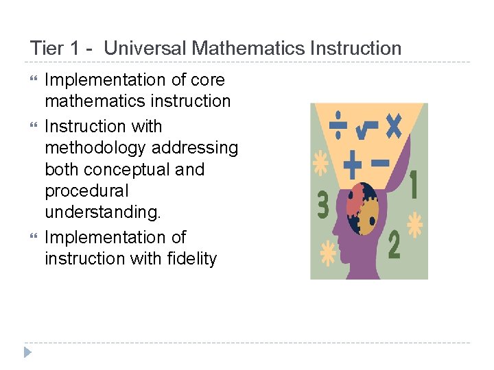 Tier 1 - Universal Mathematics Instruction Implementation of core mathematics instruction Instruction with methodology