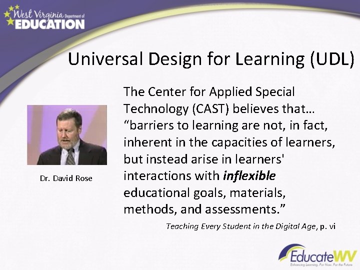 Universal Design for Learning (UDL) Dr. David Rose The Center for Applied Special Technology Universal Design for Learning (UDL) Dr. David Rose The Center for Applied Special Technology