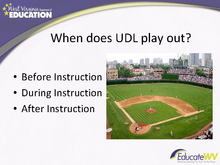 When does UDL play out? • Before Instruction • During Instruction • After Instruction When does UDL play out? • Before Instruction • During Instruction • After Instruction