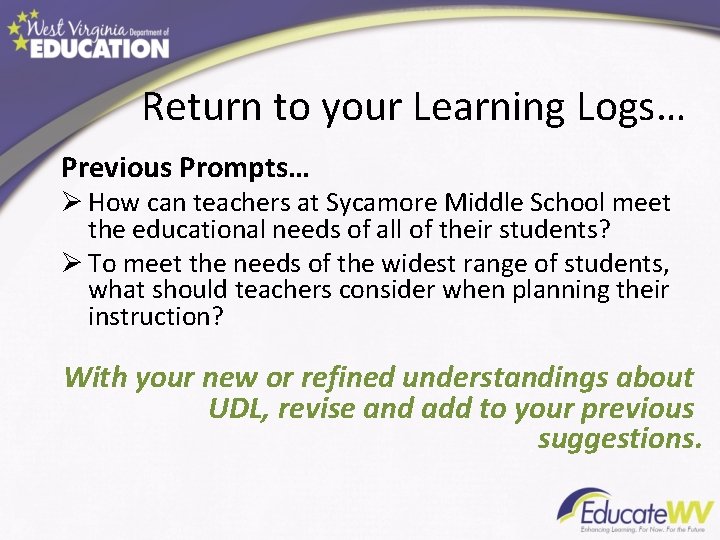 Return to your Learning Logs… Previous Prompts… Ø How can teachers at Sycamore Middle Return to your Learning Logs… Previous Prompts… Ø How can teachers at Sycamore Middle