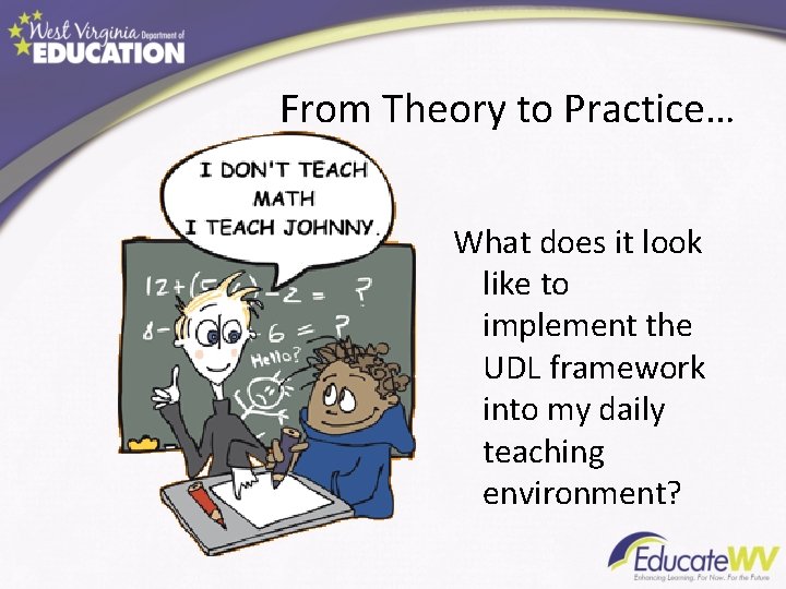 From Theory to Practice… What does it look like to implement the UDL framework From Theory to Practice… What does it look like to implement the UDL framework