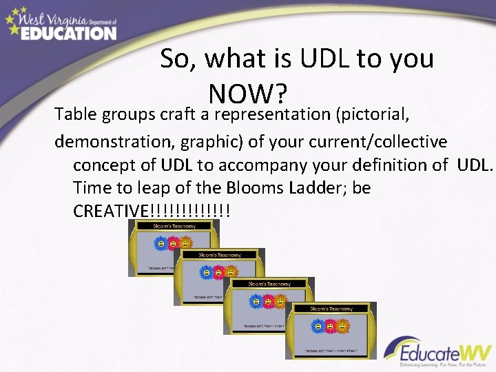 So, what is UDL to you NOW? Table groups craft a representation (pictorial, demonstration, So, what is UDL to you NOW? Table groups craft a representation (pictorial, demonstration,