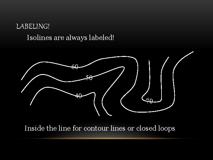 LABELING! Isolines are always labeled! 60 50 40 70 Inside the line for contour