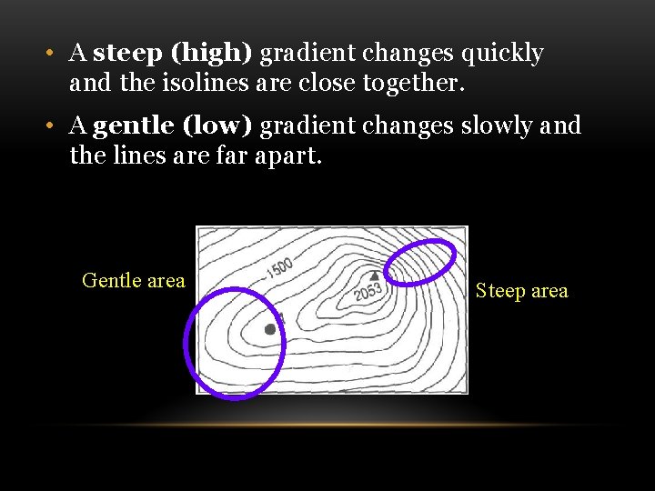  • A steep (high) gradient changes quickly and the isolines are close together.