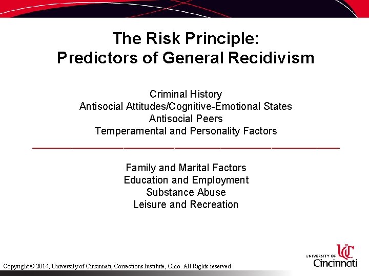 The Risk Principle: Predictors of General Recidivism Criminal History Antisocial Attitudes/Cognitive-Emotional States Antisocial Peers