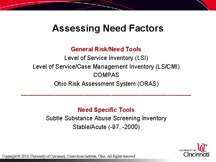 Assessing Need Factors General Risk/Need Tools Level of Service Inventory (LSI) Level of Service/Case