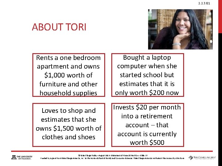 2. 2. 3. G 1 ABOUT TORI Rents a one bedroom apartment and owns