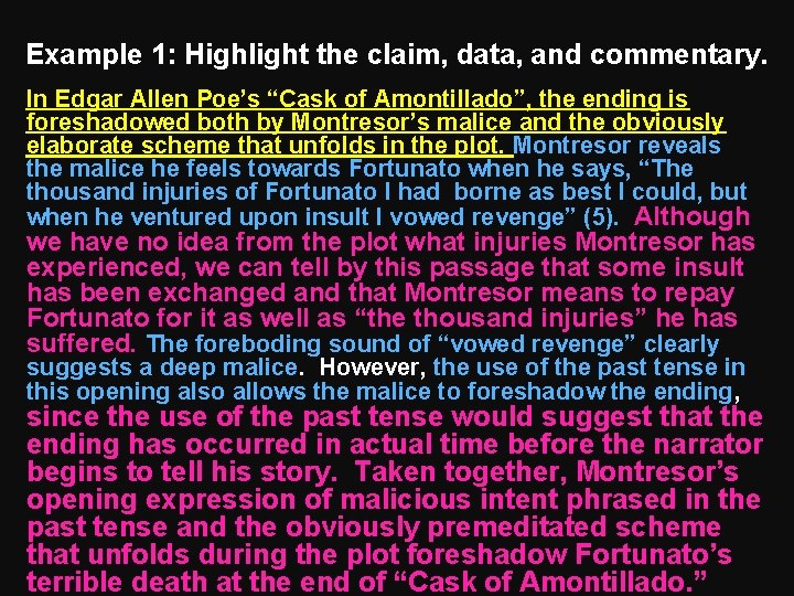 Example 1: Highlight the claim, data, and commentary. In Edgar Allen Poe’s “Cask of